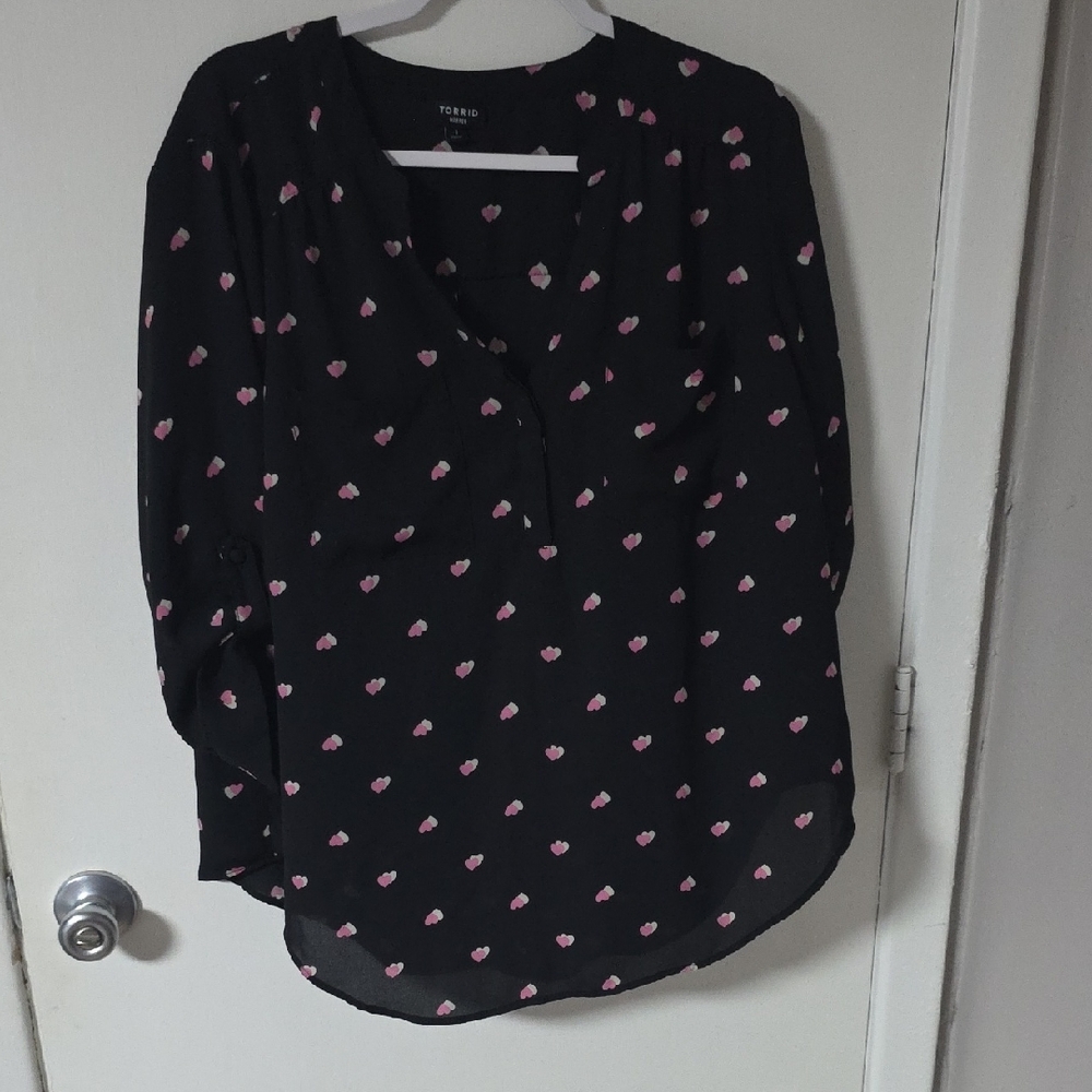 Torrid Black Blouse with Pink Heart Pattern
